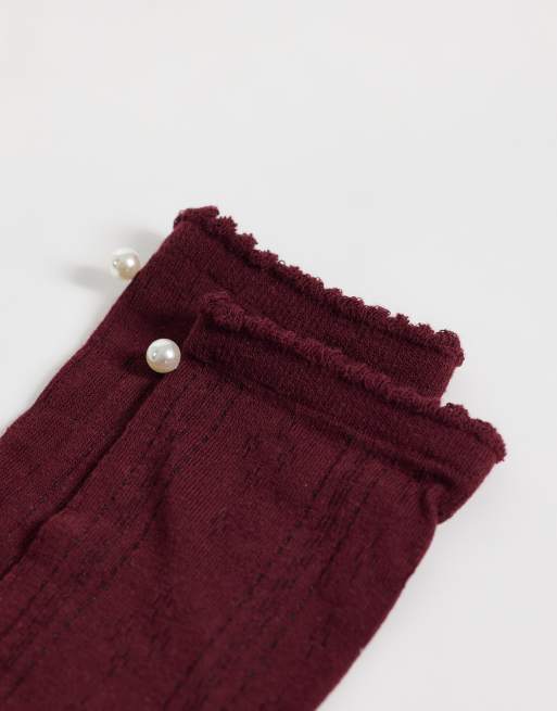 Vero Moda randiga strumpsömmar med vågig kant i burgundy, 2 av 3