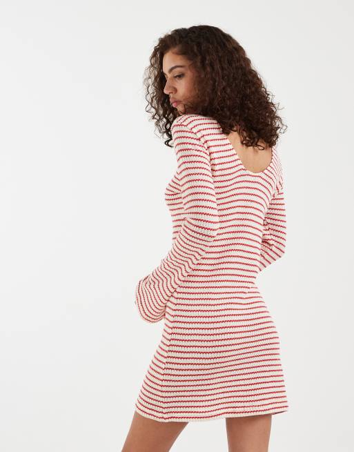 Vero Moda - Rød og cremehvid hæklet strikket minikjole med stretch, klokkeærmer og striber, 4 af 4