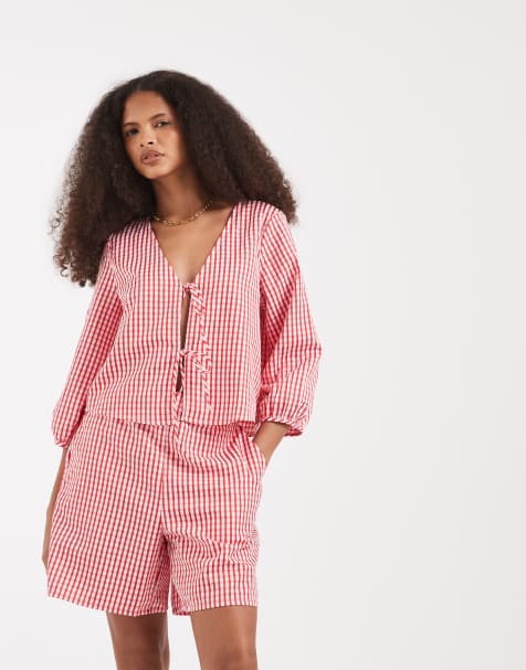 Vero Moda - Røde shorts med høj talje og gingham-tern - Del af sæt - view 1