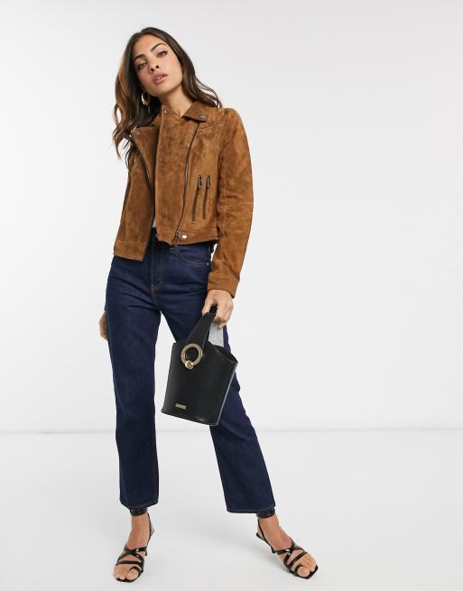 met de klok mee Omdat constante Vero Moda real suede biker jacket in tan | ASOS