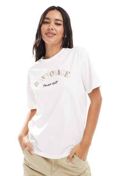 Vero Moda - Recht T-shirt met Bon Voyage-borduursel in wit - view 1