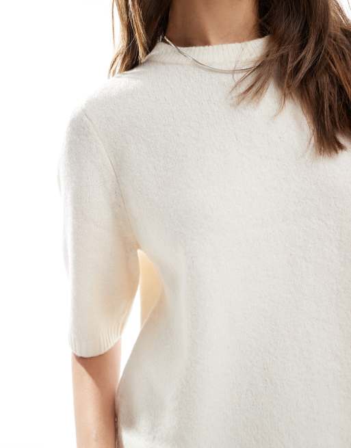 Vero Moda - Rechte zachte gebreide top met korte mouwen in crème melange, 3 van 4