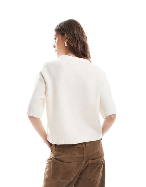 Vero Moda - Rechte zachte gebreide top met korte mouwen in crème melange, 4 van 4