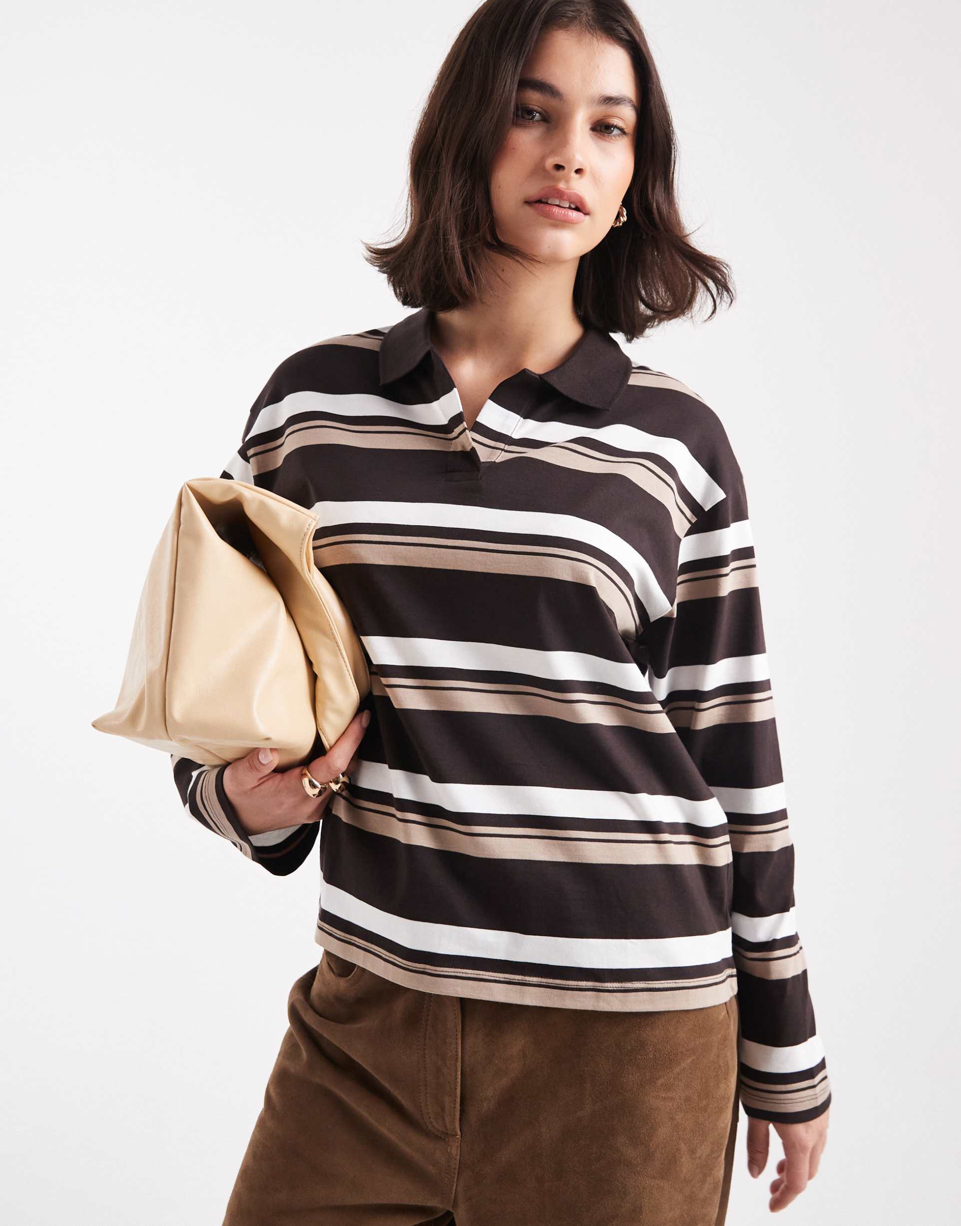 vero moda relaxed fit rugby top in chocolate, white and beige stripe