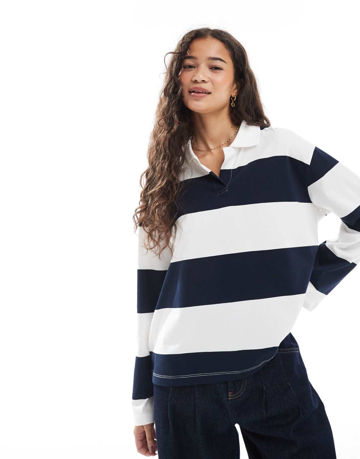 Vero Moda relaxed fit rugby top in navy and white stripe