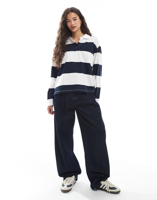 Vero Moda relaxed fit rugby top in navy and white stripe