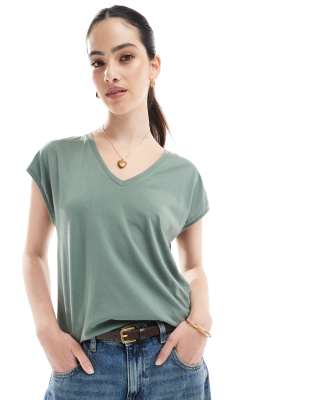 relaxed oversized v neck t-shirt in sage-Green