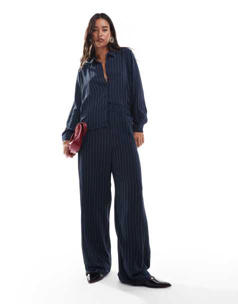 Vero Moda relaxed trouser co-ord in navy pinstripe - view 1