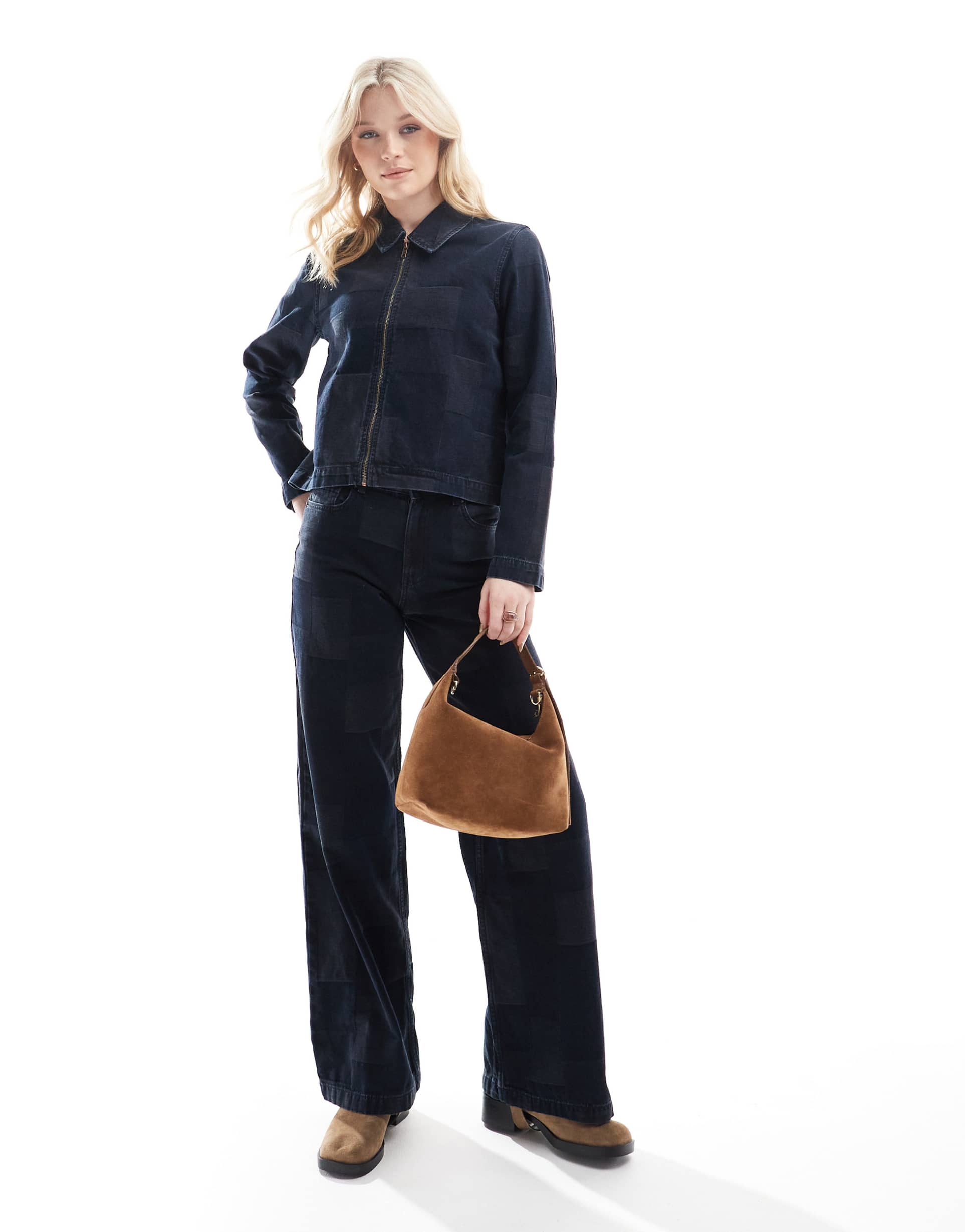 vero moda remy wide leg patchwork jeans in dark blue denim - part of a set