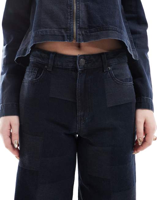 Vero Moda Remy wide leg patchwork jeans in dark blue denim