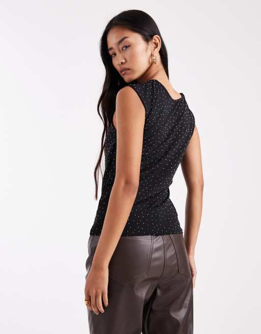 Vero Moda reversible square neck slinky top with all-over diamante embellishment in black, 2 of 4