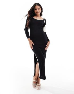 rib jersey maxi dress with contrast tipping in black