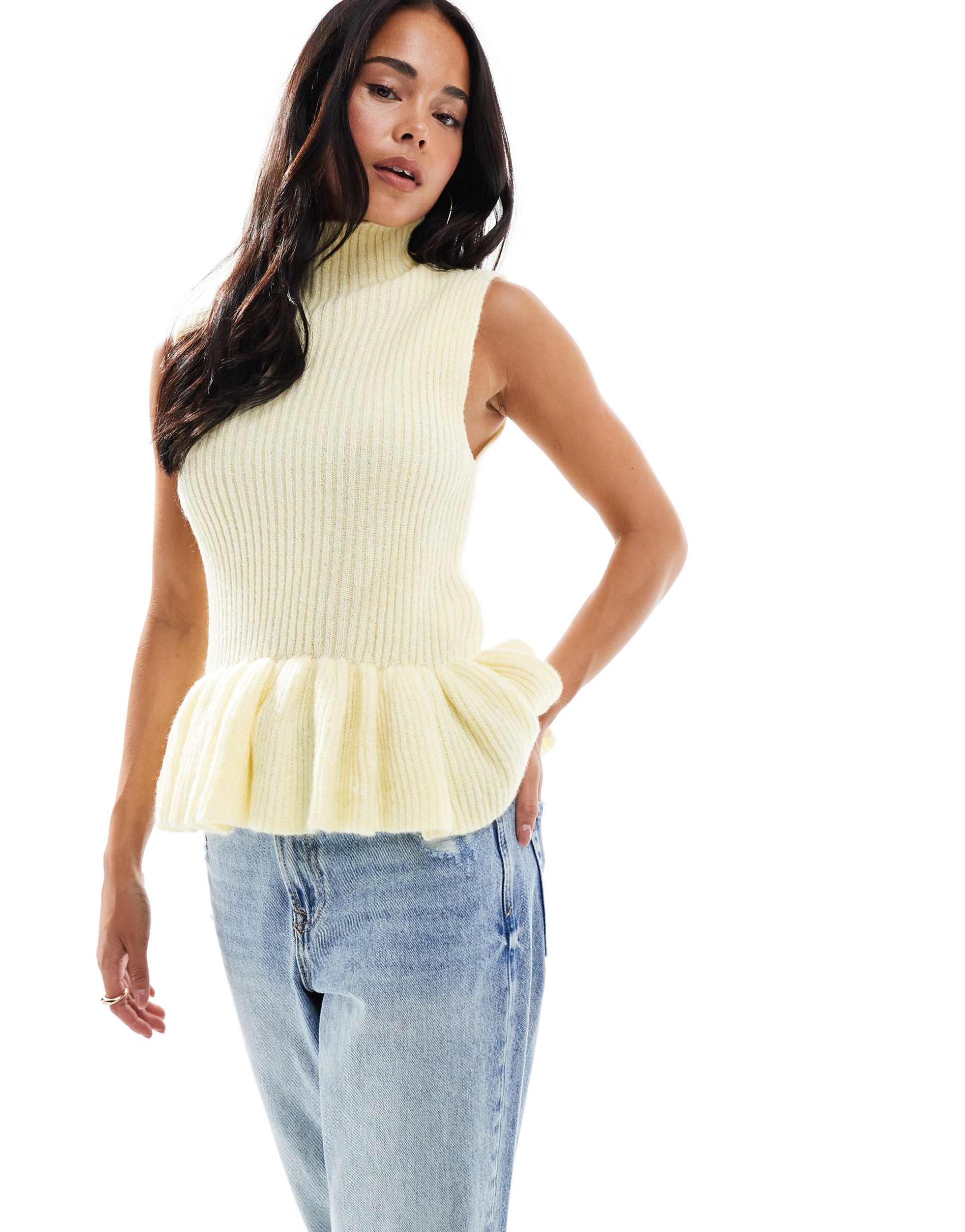 vero moda rib knitted peplum hem sleeveless top in butter yellow