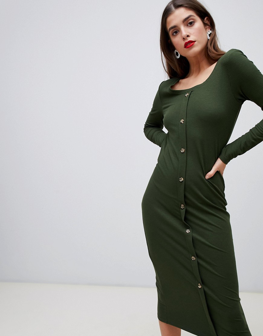 Vero Moda – Ribbad midiklänning med knapp framtill-Grön