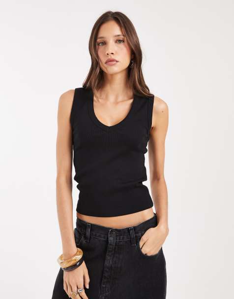 Vero Moda ribbed deep-V tank top in black - view 1