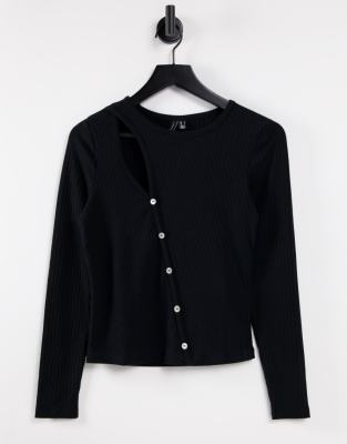 Vero Moda ribbed diagonal button top in black ASOS