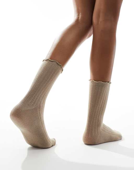 Vero Moda ribbed frill socks in beige, 4 of 4