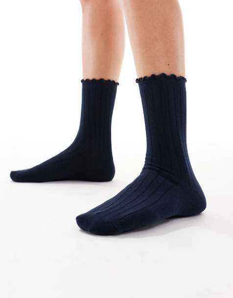 Vero Moda ribbed frill socks in navy - view 1