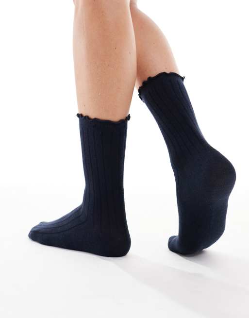 Vero Moda ribbed frill socks in navy, 3 of 3