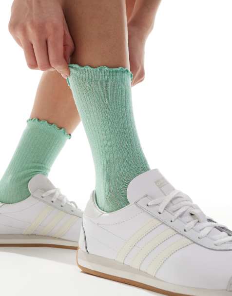 Vero Moda ribbed glitter sock with frill edge in green - view 1
