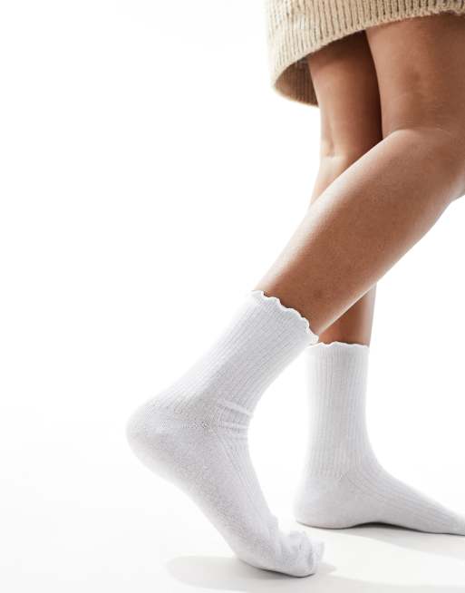 Vero Moda ribbed glitter sock with frill edge in white