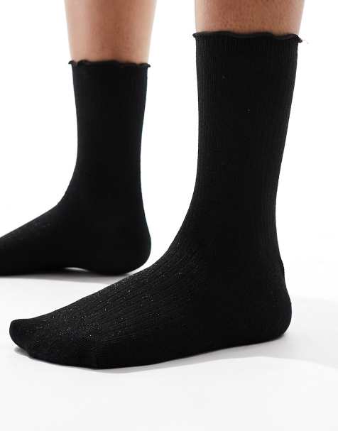 Vero Moda ribbed glitter socks with frill edge in black - view 1