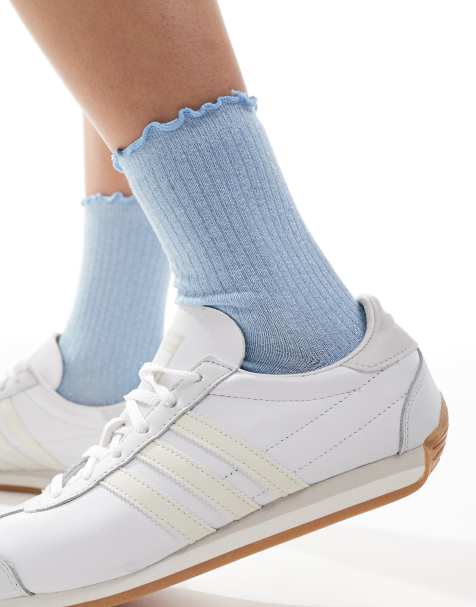 Vero Moda ribbed glitter socks with frill edge in blue - view 1