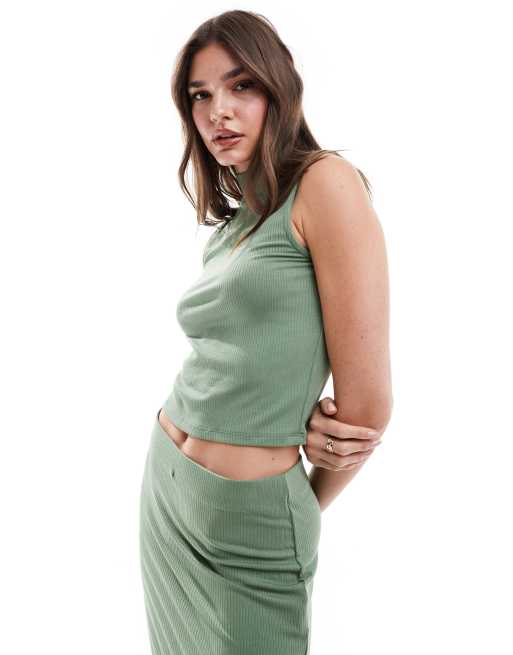 Vero Moda ribbed high neck tank top in sage green - part of a set