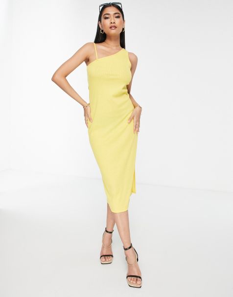 Vero Moda ribbed jersey bodycon midi dress with one shoulder in yellow - view 1