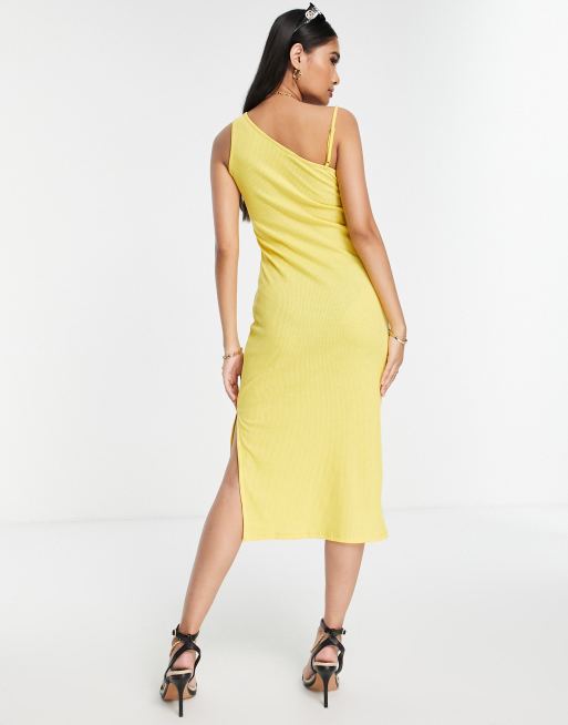 Vero Moda ribbed jersey bodycon midi dress with one shoulder in yellow