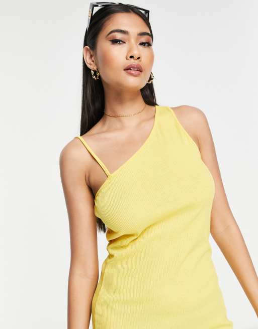 Vero Moda ribbed jersey bodycon midi dress with one shoulder in yellow