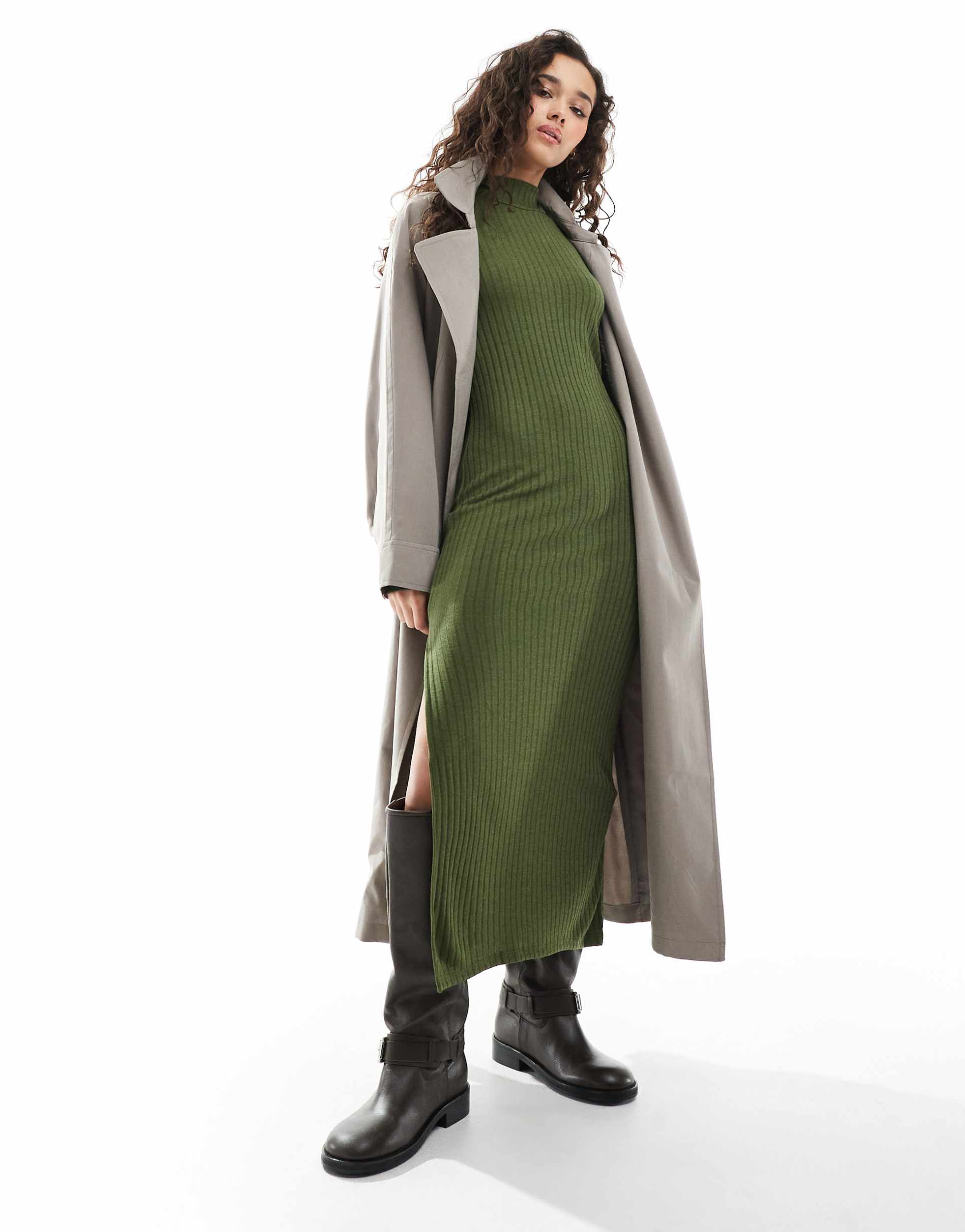 vero moda ribbed jersey maxi dress in dark green