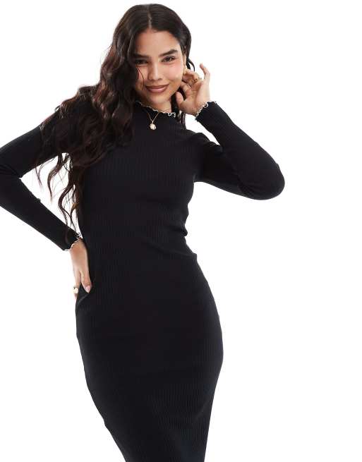 Vero Moda ribbed jersey midi dress in black with white contrast tipping, 2 of 4