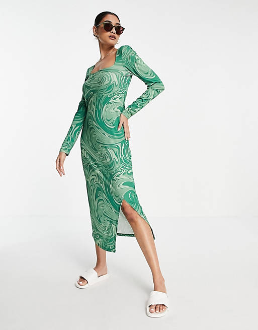 Vero Moda ribbed jersey midi dress in green swirl print
