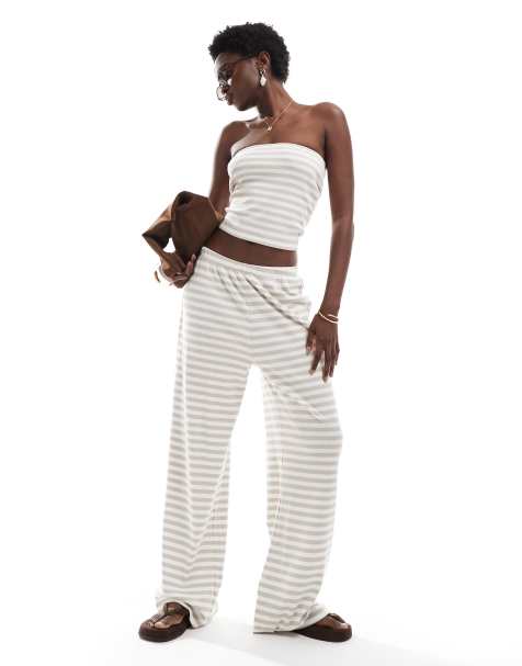 Vero Moda ribbed jersey trouser co-ord in beige stripe - view 1