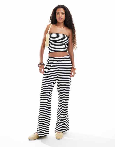 Vero Moda ribbed jersey trouser co-ord in mono stripe - view 1