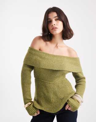 Vero Moda Ribbed Knit Bardot Top In Green