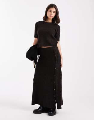 Vero Moda Ribbed Knit Button Side Midi Skirt In Black