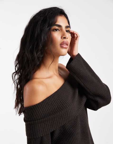 Vero Moda ribbed knit fold over bardot sweater in chocolate - view 1