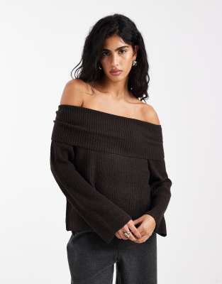 Vero Moda Ribbed Knit Fold Over Bardot Sweater In Brown