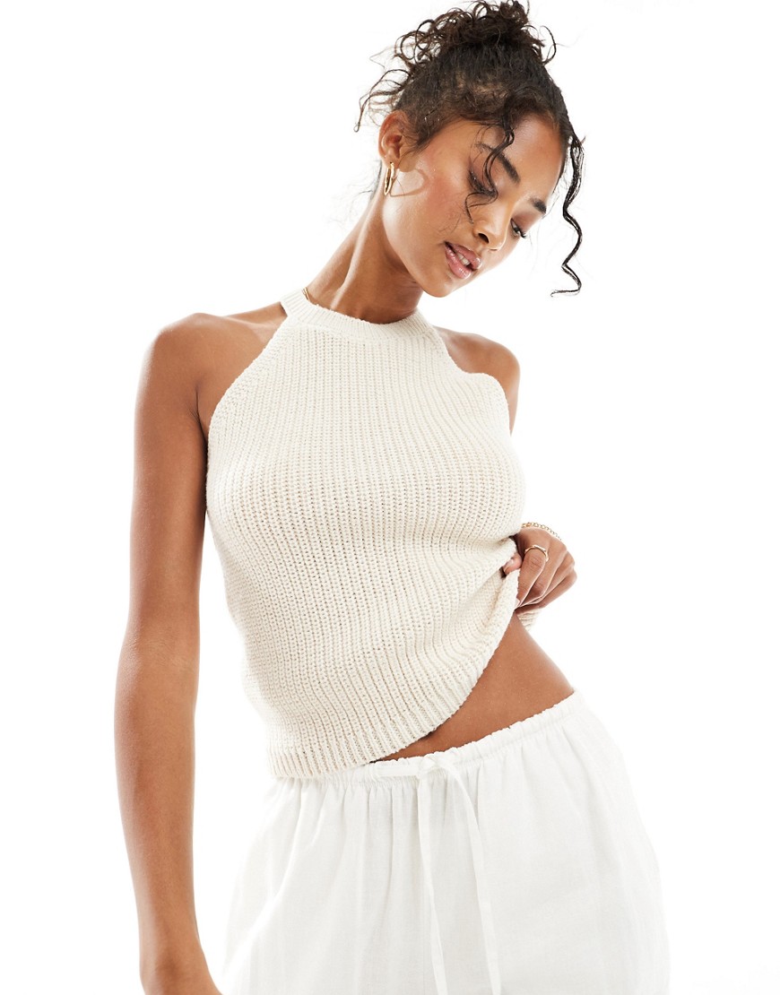 ribbed knit halter top in cream-White