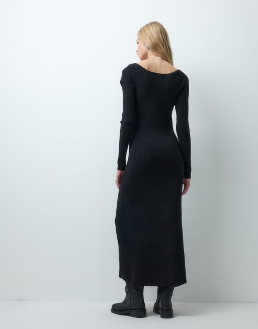 Vero Moda ribbed knit long sleeve reversible maxi dress in black, 3 of 4