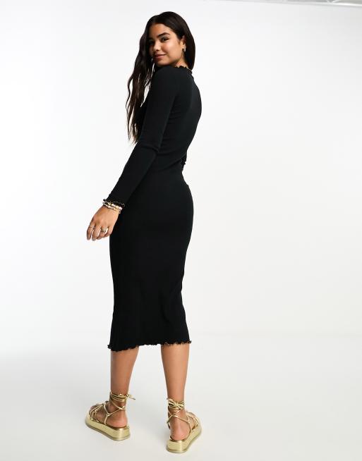 Basic Black Ribbed Long Sleeve Midi Dress