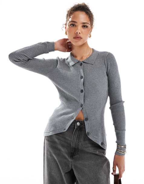 Vero Moda ribbed knit polo top with curved hem in grey - view 1