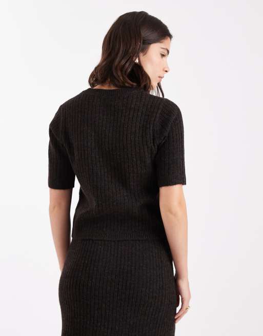 Vero Moda ribbed knit short sleeve top in chocolate melange - part of a set, 2 of 4