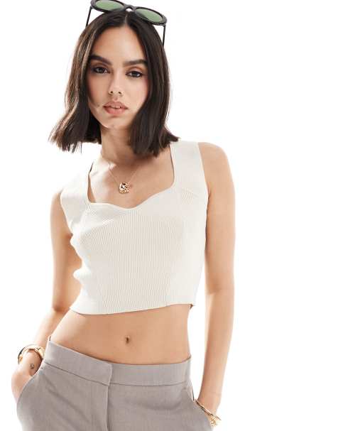 Vero Moda ribbed knit top with sweetheart neckline in cream - view 1