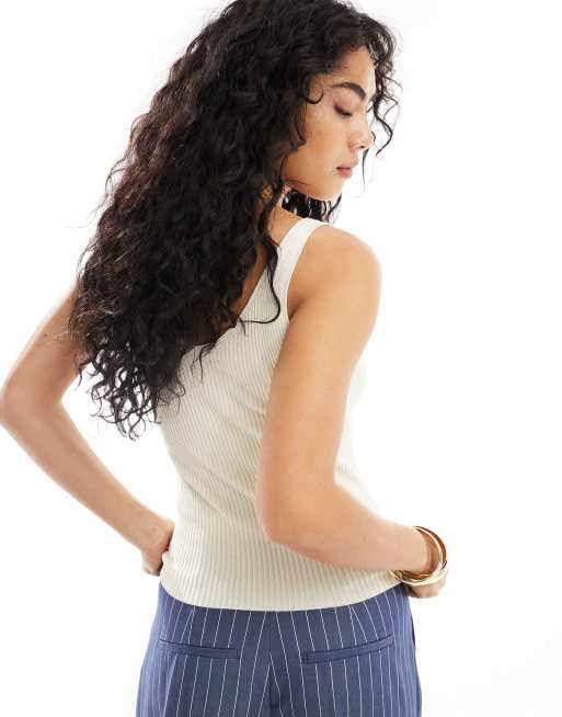 Vero Moda ribbed knit v neck cami top in cream, 4 of 4