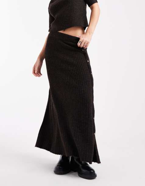 Vero Moda ribbed knitted button side midi skirt in chocolate melange (part of a set) - view 1