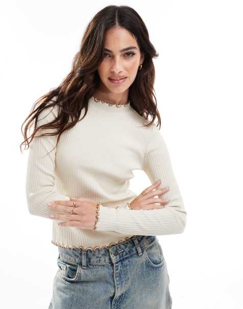 Vero Moda ribbed long sleeve top in cream with tan contrast tipping - view 1