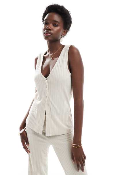 Vero Moda ribbed longline sleeveless top co-ord in cream - view 1